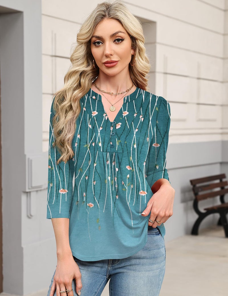IECCP Womens Spring Summer Tops 3/4 Length Sleeve Women Blouses Dressy Casual Henley V-Neck Puff Sleeve Shirts Soft Basic Tees (Blue Leaves,L) - Image 3
