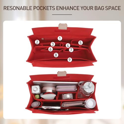 Doxo Purse Organizer Insert,Felt Bag Organizer with Zipper,Tote Organizer Insert Suitable for Lv Onthego GM & D Book Tote Bag Large and More (Red-With Cover) - Image 4