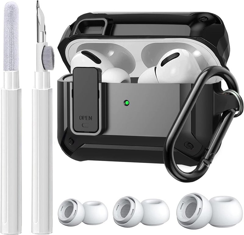 Olytop for Airpods Pro 2 Gen/Pro Case Lock with Cleaner kit&Replacement Ear Tips(S/M/L), Rugged Air Pod Pro 2nd/1st Generation Protective Cover for iPod Pro (2023/2022/2019) with Keychain, Black - Image 1