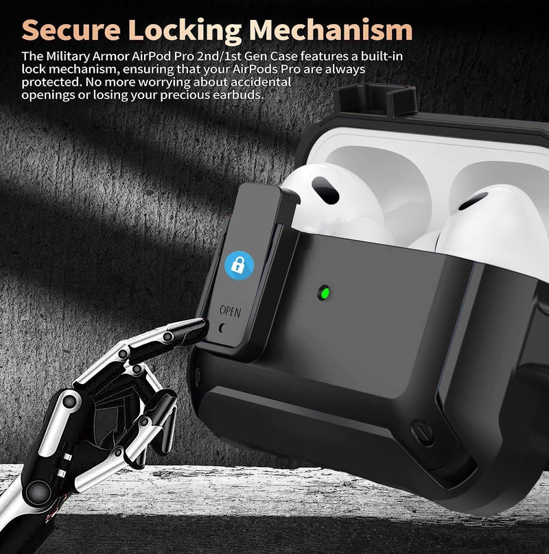 Olytop for Airpods Pro 2 Gen/Pro Case Lock with Cleaner kit&Replacement Ear Tips(S/M/L), Rugged Air Pod Pro 2nd/1st Generation Protective Cover for iPod Pro (2023/2022/2019) with Keychain, Black - Image 2