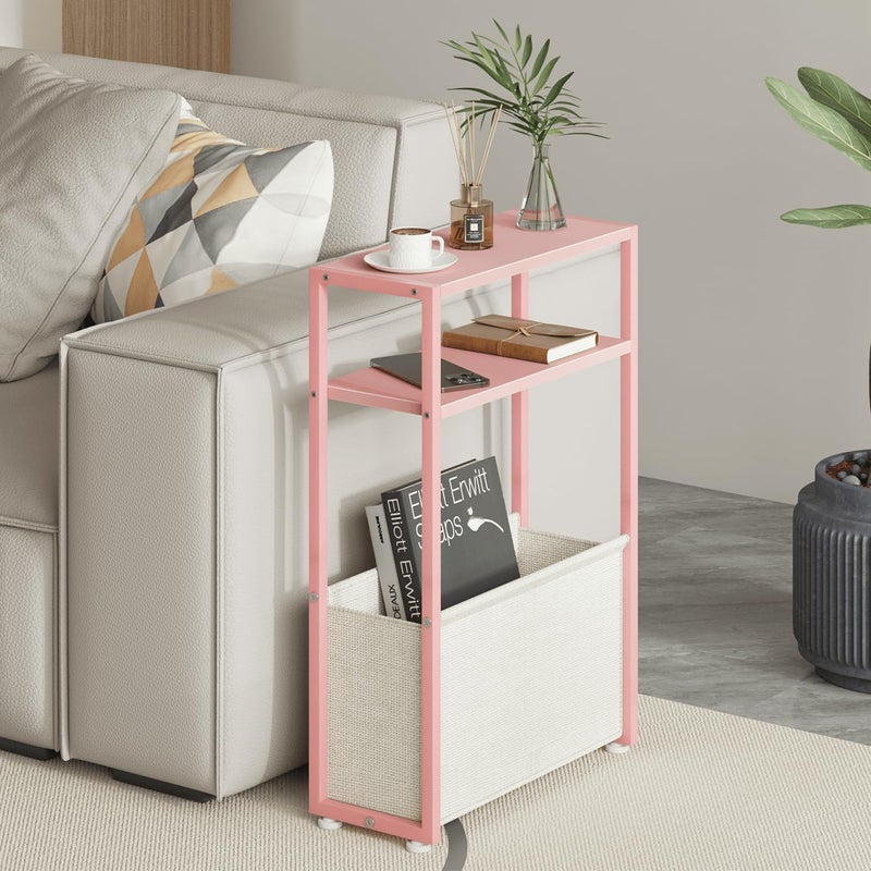 Leomonio Narrow Side Table, Slim End Tables with Fabric Basket, Skinny Table for Small Spaces, Thin Bedside Table for Living Room, Bedroom (1, Jelly Pink + Cream White) - Image 3