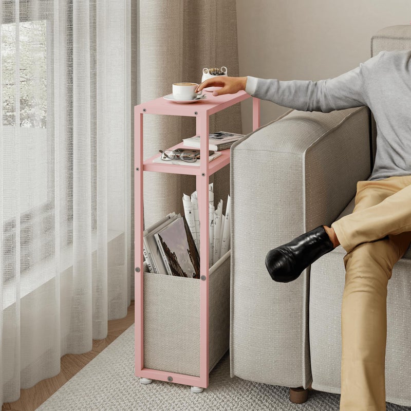Leomonio Narrow Side Table, Slim End Tables with Fabric Basket, Skinny Table for Small Spaces, Thin Bedside Table for Living Room, Bedroom (1, Jelly Pink + Cream White) - Image 5