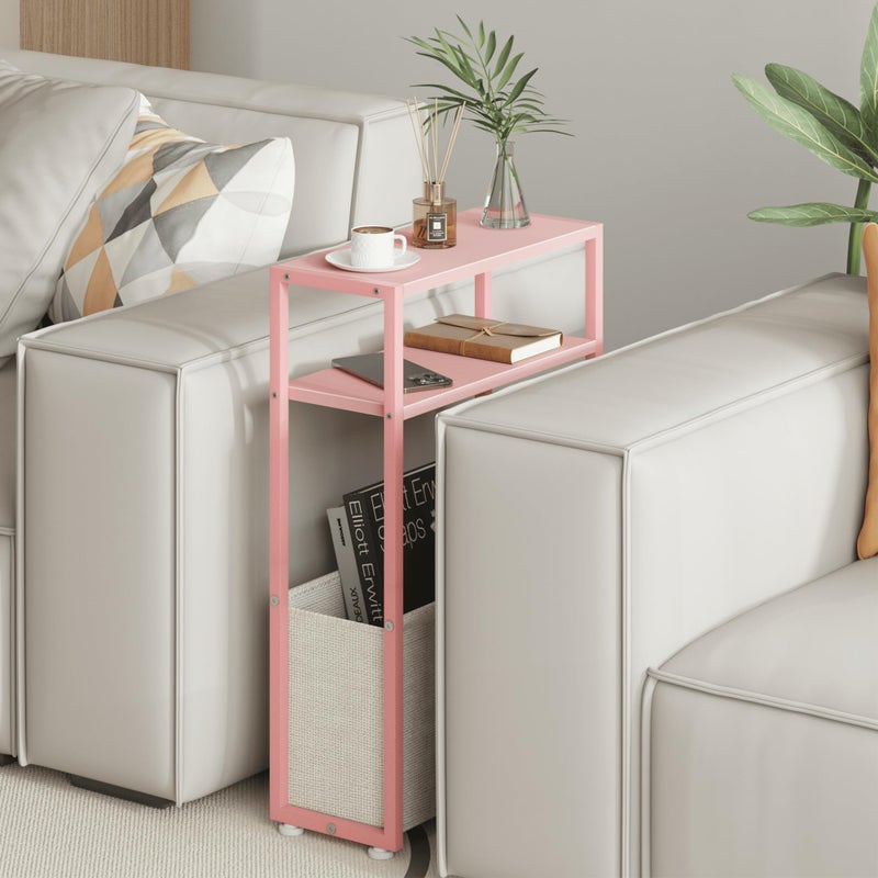 Leomonio Narrow Side Table, Slim End Tables with Fabric Basket, Skinny Table for Small Spaces, Thin Bedside Table for Living Room, Bedroom (1, Jelly Pink + Cream White) - Image 4