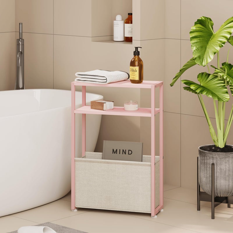 Leomonio Narrow Side Table, Slim End Tables with Fabric Basket, Skinny Table for Small Spaces, Thin Bedside Table for Living Room, Bedroom (1, Jelly Pink + Cream White) - Image 1