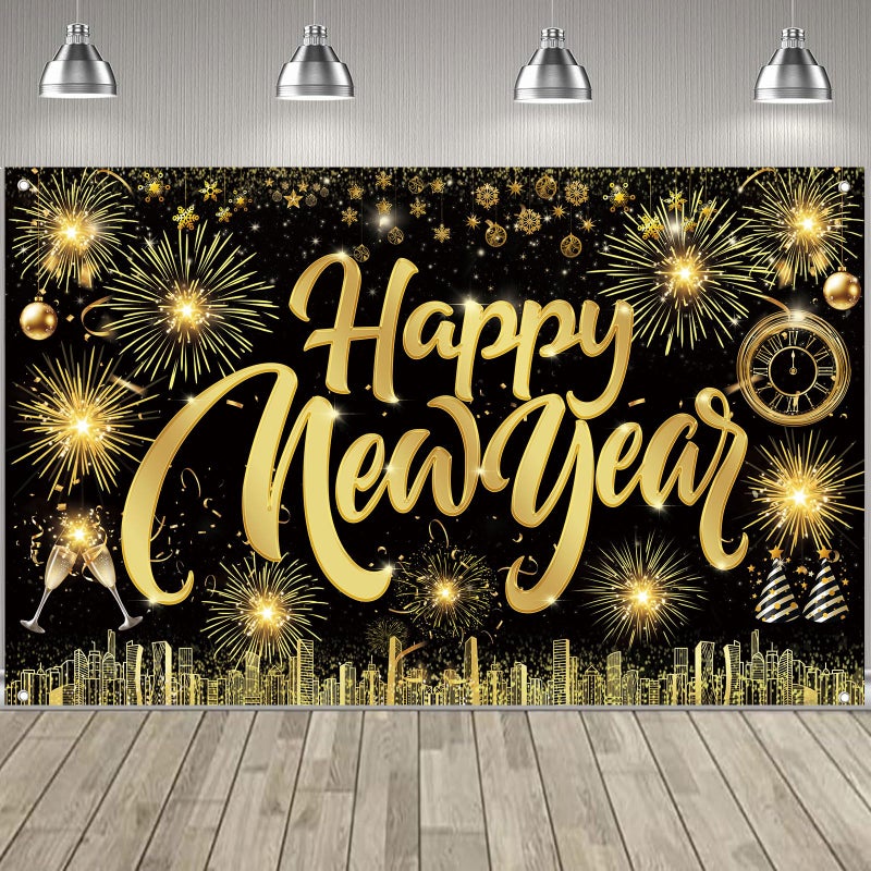 Famoby Happy New Year Fabric Sign Poster Banner Backdrop with Pattern Firework Champagne for Photo Booth Background New Year Party Decorations Supplies - Image 1