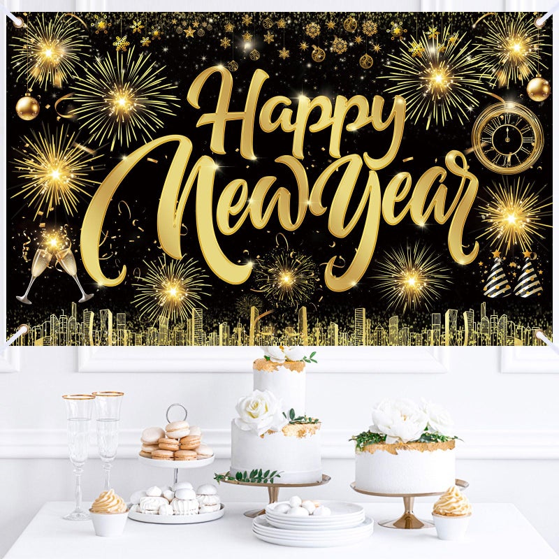 Famoby Happy New Year Fabric Sign Poster Banner Backdrop with Pattern Firework Champagne for Photo Booth Background New Year Party Decorations Supplies - Image 3