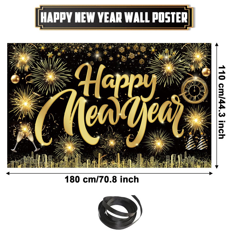 Famoby Happy New Year Fabric Sign Poster Banner Backdrop with Pattern Firework Champagne for Photo Booth Background New Year Party Decorations Supplies - Image 2