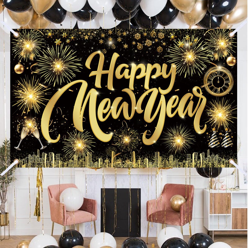 Famoby Happy New Year Fabric Sign Poster Banner Backdrop with Pattern Firework Champagne for Photo Booth Background New Year Party Decorations Supplies - Image 5