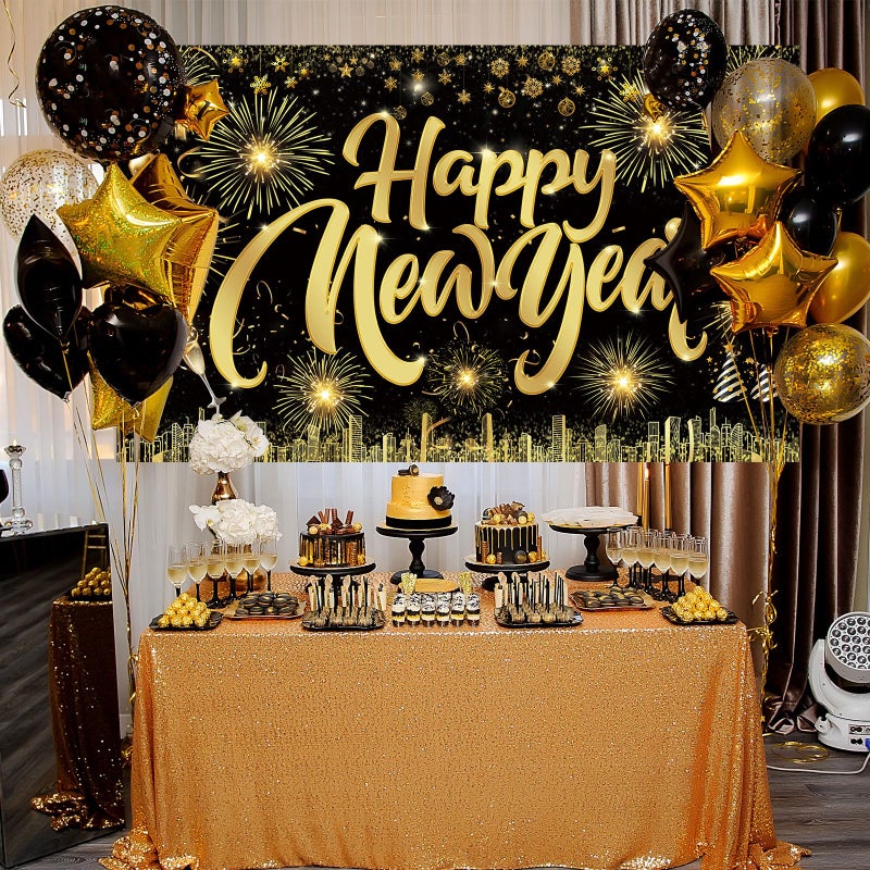 Famoby Happy New Year Fabric Sign Poster Banner Backdrop with Pattern Firework Champagne for Photo Booth Background New Year Party Decorations Supplies - Image 4