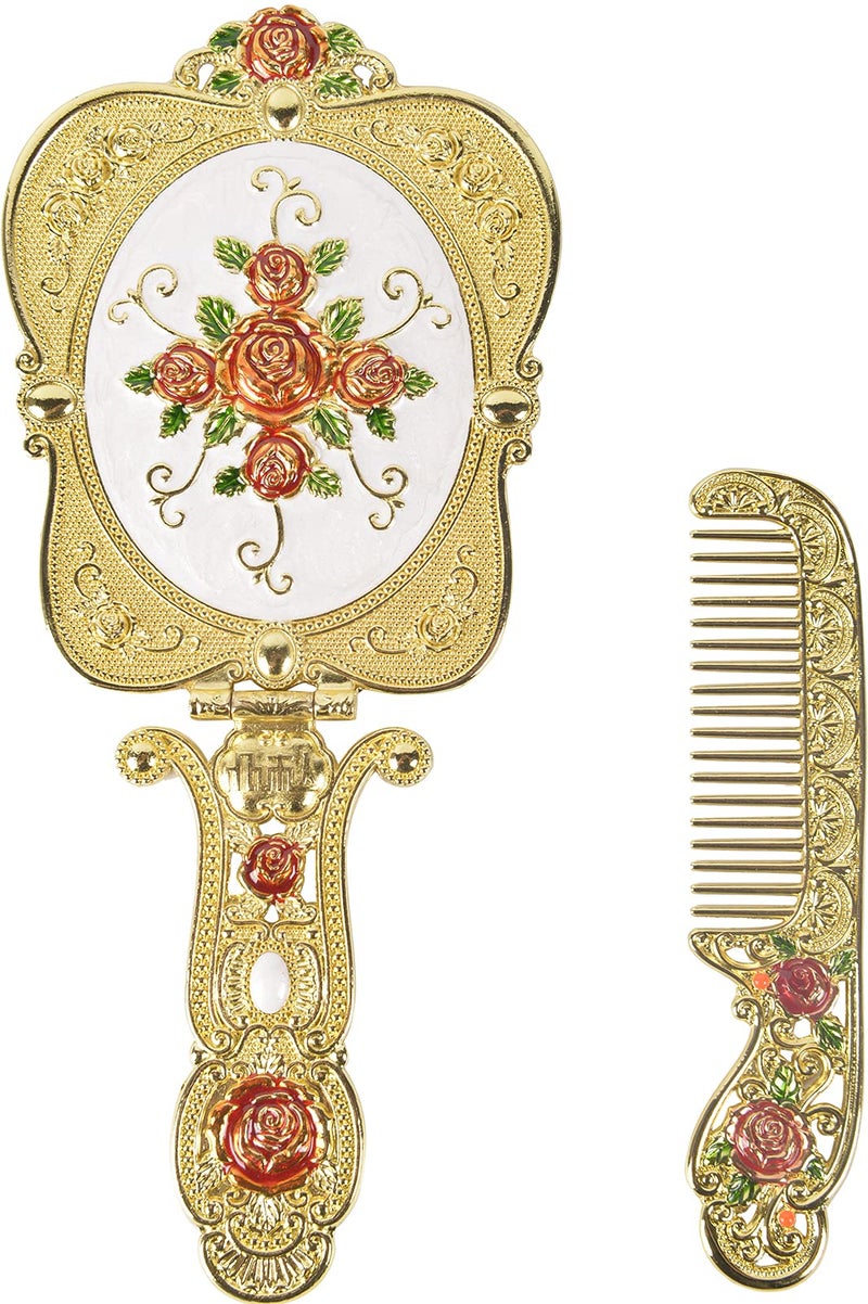 Nerien Vintage Metal Handheld Makeup Mirror with Comb - Russian Style Embossed Rose - Travel Portable Foldable Mirror - Decorative Tabletop Stand - Gold - Image 1