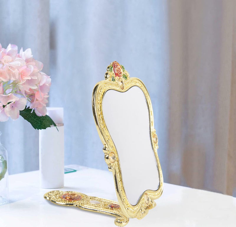 Nerien Vintage Metal Handheld Makeup Mirror with Comb - Russian Style Embossed Rose - Travel Portable Foldable Mirror - Decorative Tabletop Stand - Gold - Image 4