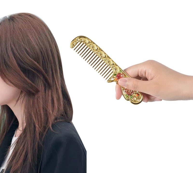 Nerien Vintage Metal Handheld Makeup Mirror with Comb - Russian Style Embossed Rose - Travel Portable Foldable Mirror - Decorative Tabletop Stand - Gold - Image 5