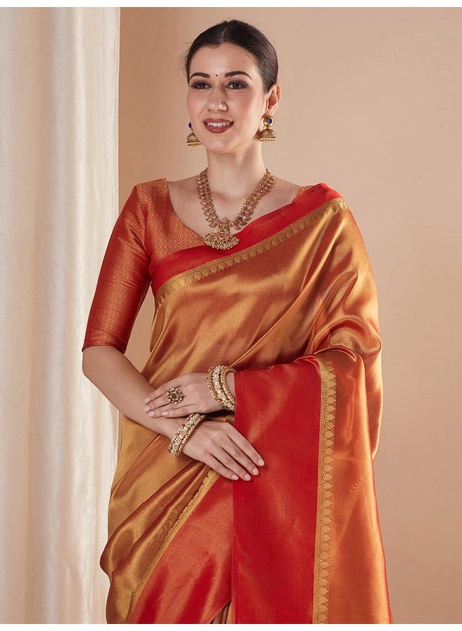 saree mall ساري مول ساري نسائي بلون ذهبي من قماش التيسو مع قطعة بلوزة غير مخيطة (59ALEKHA5903_NV) - Image 5