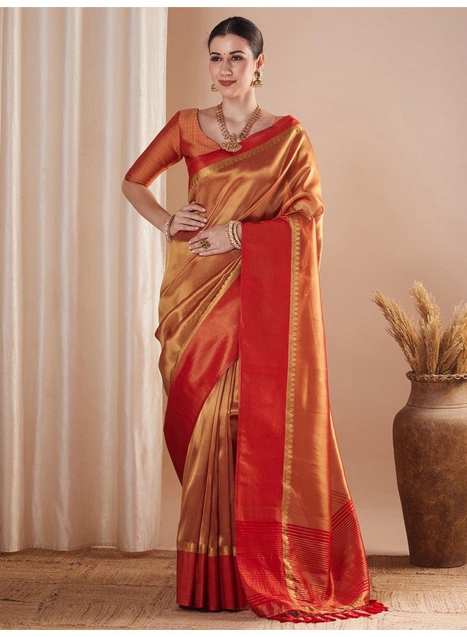 saree mall ساري مول ساري نسائي بلون ذهبي من قماش التيسو مع قطعة بلوزة غير مخيطة (59ALEKHA5903_NV) - Image 3