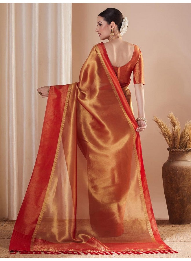 saree mall ساري مول ساري نسائي بلون ذهبي من قماش التيسو مع قطعة بلوزة غير مخيطة (59ALEKHA5903_NV) - Image 2