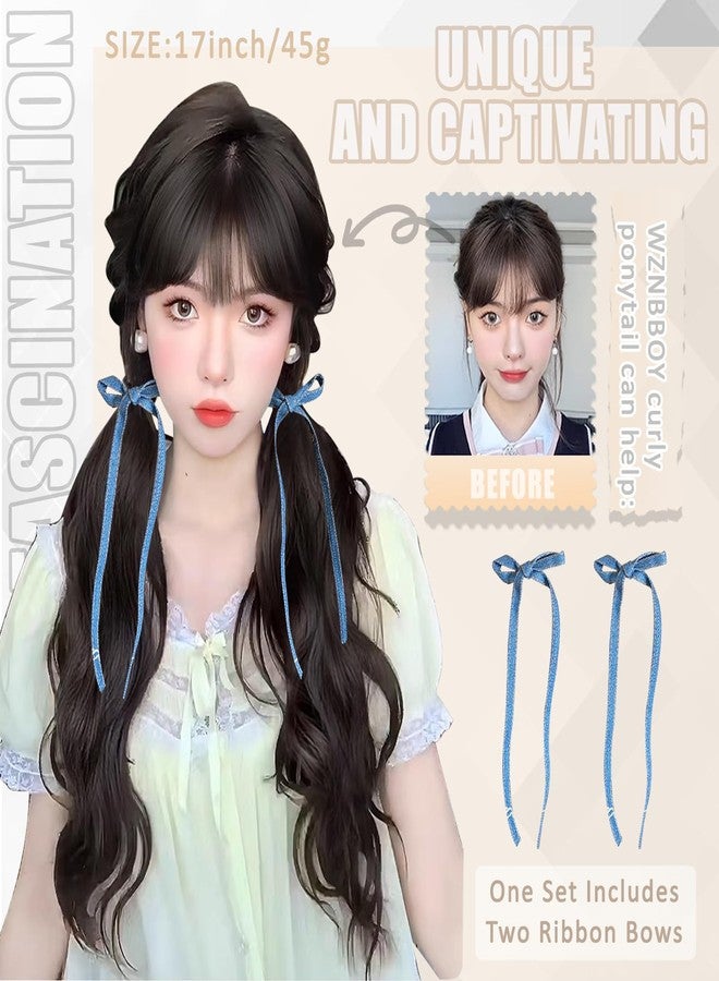 WZNBBOY 2PCS Curly Ponytail Extension with Elastic Tie 17 Inch Natural Wavy Hairpiece Synthetic Pony Tail Hair Extensions Wave Fake Ponytail Hairpieces for Women Daily Wear - Image 2