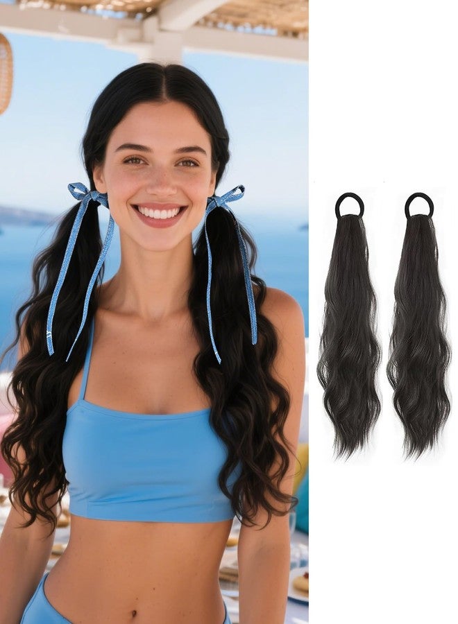 WZNBBOY 2PCS Curly Ponytail Extension with Elastic Tie 17 Inch Natural Wavy Hairpiece Synthetic Pony Tail Hair Extensions Wave Fake Ponytail Hairpieces for Women Daily Wear - Image 1