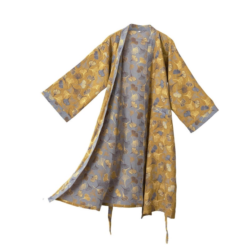 Kimono Robe Purefair 100% Cotton Gauze Ginkgo Leaf Print - Image 1