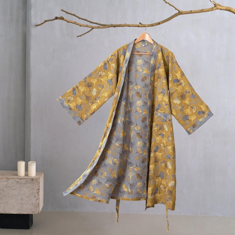 Kimono Robe Purefair 100% Cotton Gauze Ginkgo Leaf Print - Image 2