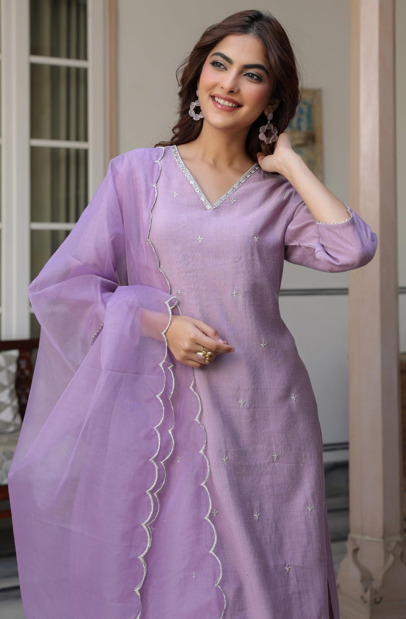 Janasya Women's Lavender Chinon Embellished Kurta with Pant and Dupatta Set (SET566-KR-NP-RE-S) - Image 2