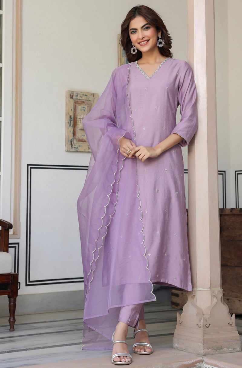 Janasya Women's Lavender Chinon Embellished Kurta with Pant and Dupatta Set (SET566-KR-NP-RE-S) - Image 5