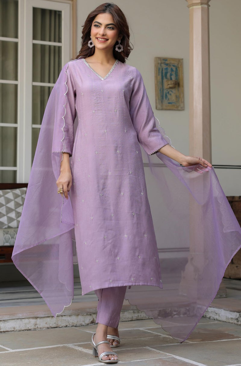 Janasya Women's Lavender Chinon Embellished Kurta with Pant and Dupatta Set (SET566-KR-NP-RE-S) - Image 3