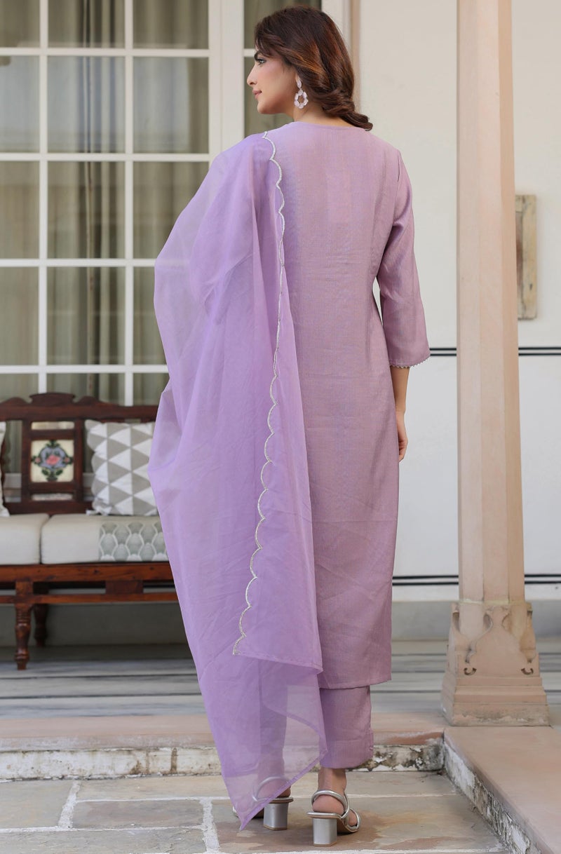 Janasya Women's Lavender Chinon Embellished Kurta with Pant and Dupatta Set (SET566-KR-NP-RE-S) - Image 4