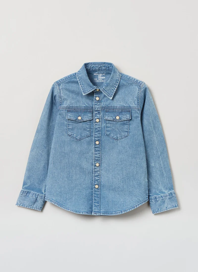 Ovs Ovs Housebrand Denim Shirt With Striped Weave