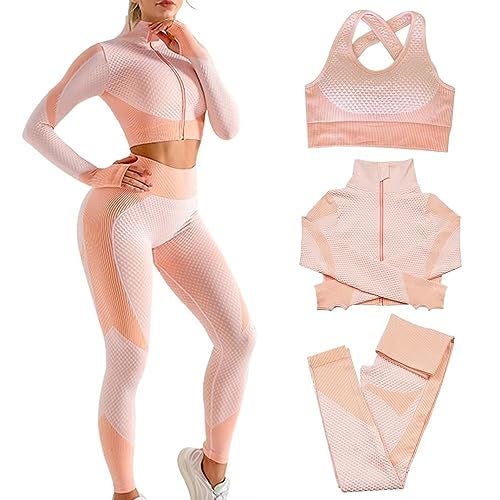 SINBRLAI Women's 3pcs Seamless Workout Outfits Sets, Yoga Sportswear Tracksuit Leggings and Stretch Sports Bra Fitness - Image 1
