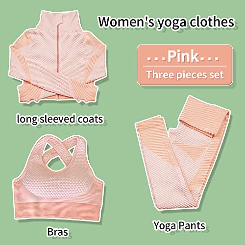 SINBRLAI Women's 3pcs Seamless Workout Outfits Sets, Yoga Sportswear Tracksuit Leggings and Stretch Sports Bra Fitness - Image 5