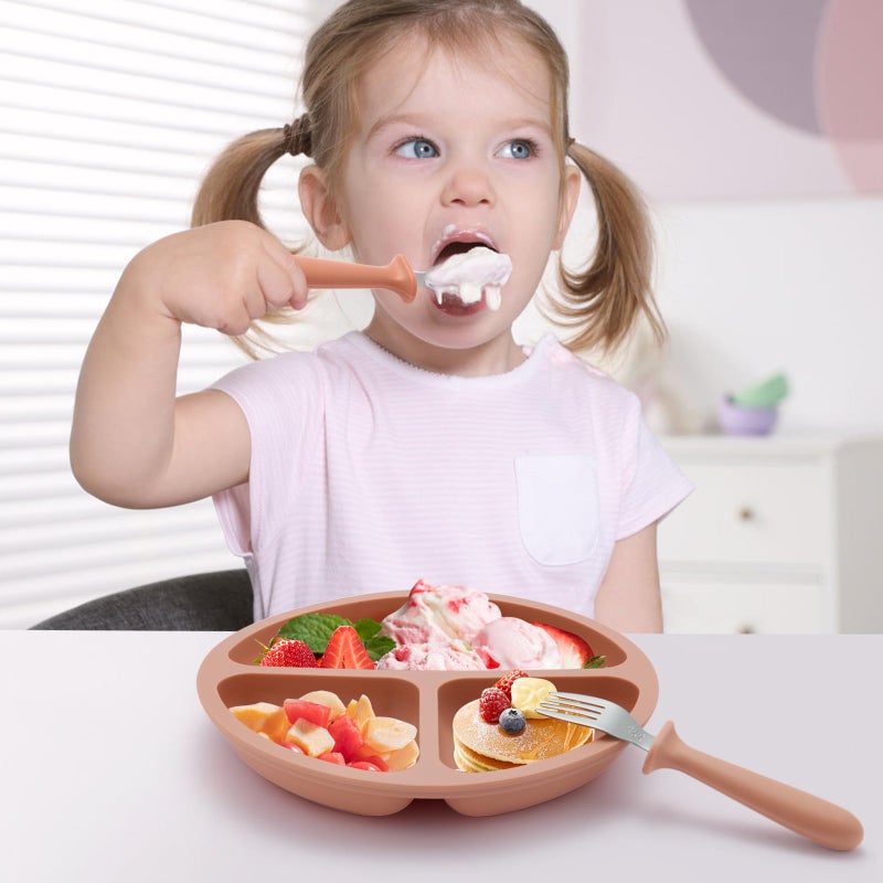 Eascrozn Silicone Baby Feeding Set, 2 Pack Divided Suction Plates for Baby, 2 Pack Spoons and Forks Set Baby Eating Essentials, Feeding Supplies for Toddler Utensils, BPA Free - Image 3