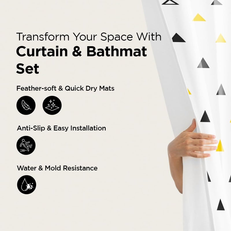 Umai UMAI Shower Curtain (180X180 cm) & Bathmat 3 Pcs Set|6ft|Creative Vibrant Coloured Polyster Curtain Sets with Non-Slip Bath mats for Bathroom|Easy-Slide Curtains|Quick Dry,Soft Mats  - Image 2