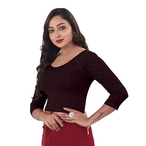 DESI GIRL - Round Neck Cotton Lycra Regular Fit Saree Blouse for Women | 3/4 Net Sleeve Readymade Stretchy Plain Design Festive Blouse Perfect for Saree, Lehenga, Kurti | Coffee - 44 - Image 2