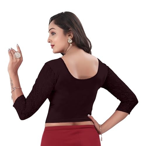 DESI GIRL - Round Neck Cotton Lycra Regular Fit Saree Blouse for Women | 3/4 Net Sleeve Readymade Stretchy Plain Design Festive Blouse Perfect for Saree, Lehenga, Kurti | Coffee - 44 - Image 3