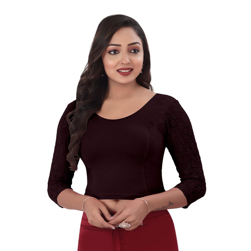 DESI GIRL - Round Neck Cotton Lycra Regular Fit Saree Blouse for Women | 3/4 Net Sleeve Readymade Stretchy Plain Design Festive Blouse Perfect for Saree, Lehenga, Kurti | Coffee - 44 - Image 4