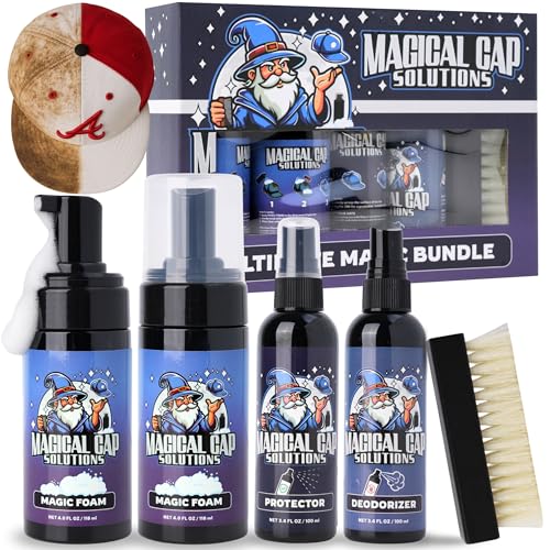 MAGICAL CAP SOLUTIONS Hat Cleaning Kit – 4-Step Headwear Cleaner with Foam, Brush, Deodorizer & Protector – Safe for Baseball Caps, Snapbacks & All Types of Fabrics - Image 1