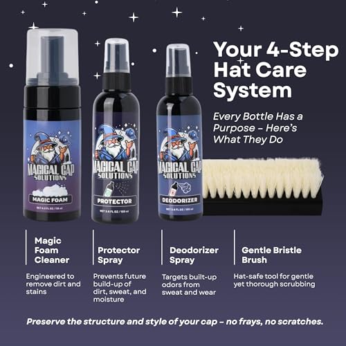 MAGICAL CAP SOLUTIONS Hat Cleaning Kit – 4-Step Headwear Cleaner with Foam, Brush, Deodorizer & Protector – Safe for Baseball Caps, Snapbacks & All Types of Fabrics - Image 3