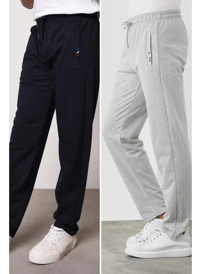 Navy-Grey Men's 2-Pack Straight Leg Relaxed Fit Sweatpants with Zipper Pocket Embroidery Detail