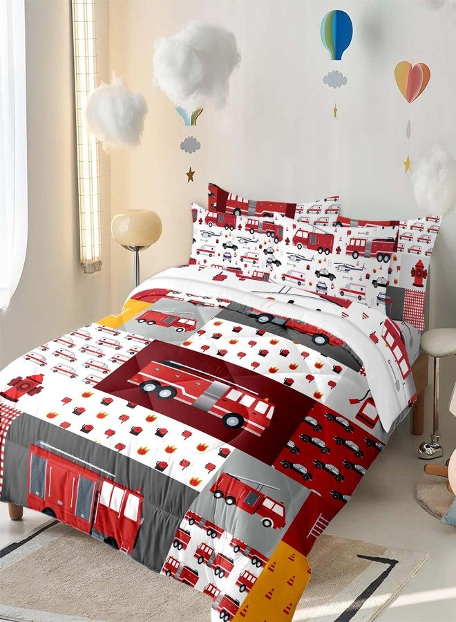 Yasida Full Size Kids Comforter 7 Pieces Fire Truck Bed Bedding with Sheets,Fire Truck Full Comforter Sets,Full Kids Bed Bidding in a Bag, Microfiber Kids Bedding for All Season - Image 1