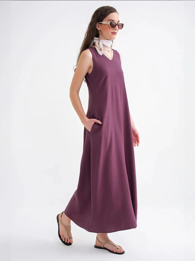 MixRay Burgundy Red Mixray V-Neck Sleeveless Maxi Dress with Pockets for Women | Best Price UAE