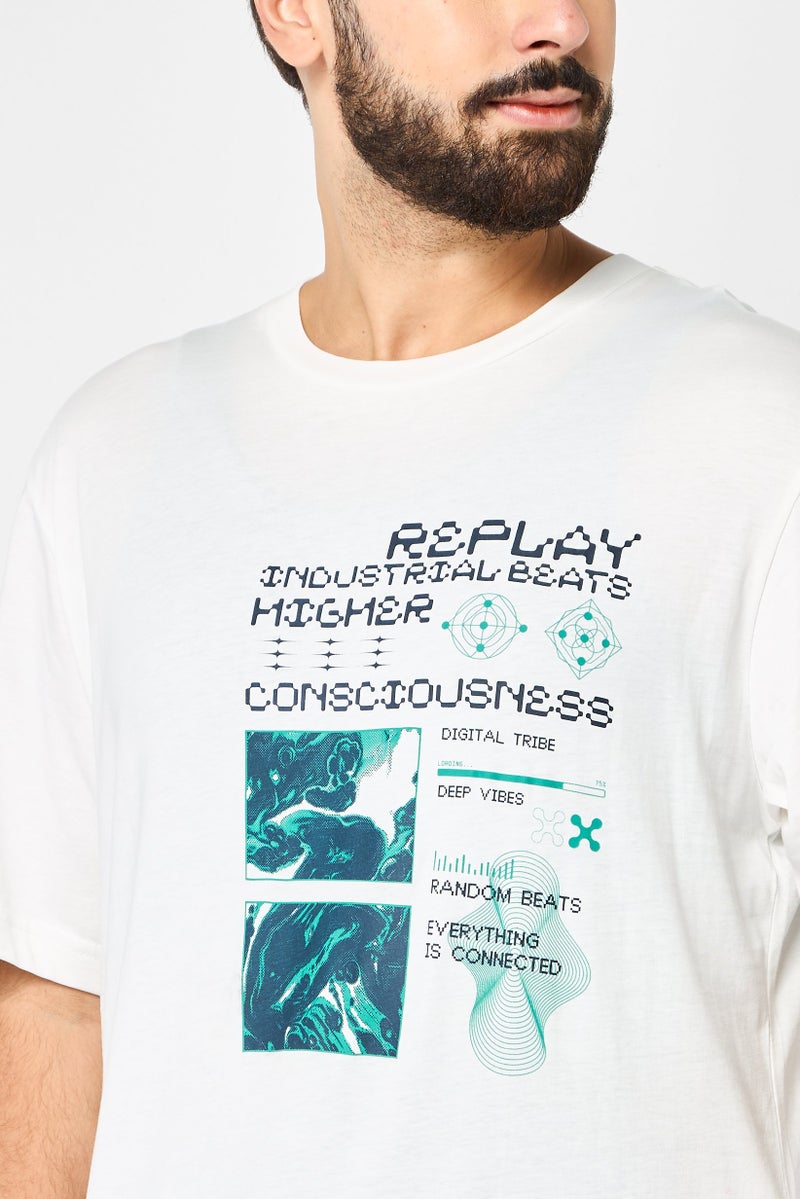 Replay Men Crew Neck Short Sleeves Graphic Print T-Shirt, White - Image 3