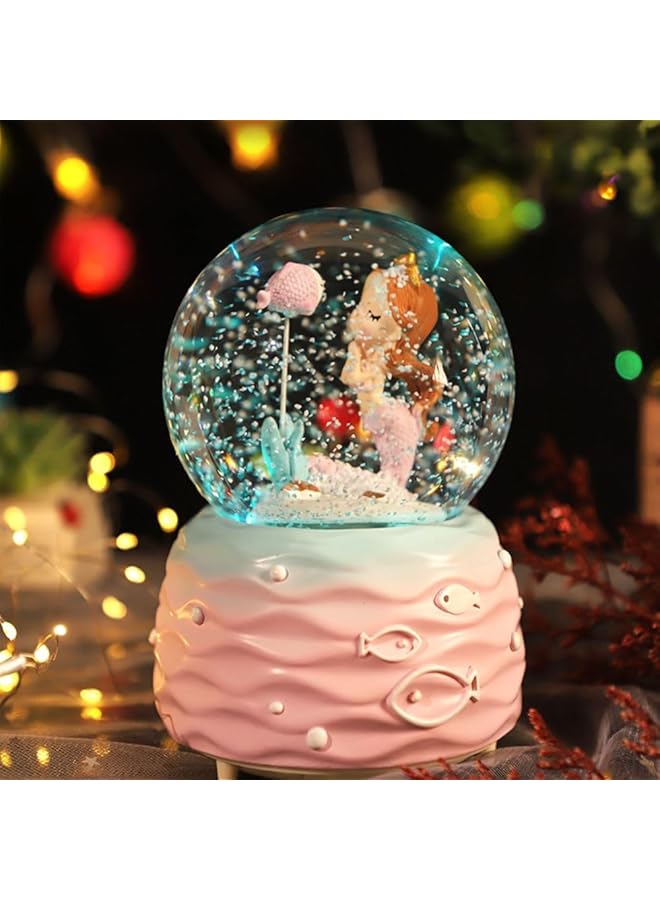 إيروريكس كرات الثلج المضيئة على شكل أميرة حورية البحر مع أضواء LED موسيقية ملونة، كرة بلورية صغيرة إبداعية لتزيين سطح الطاولة، كرات ثلجية كرتونية على شكل حورية البحر، ضوء ليلي للنساء والفتيات باللون الوردي - Image 3
