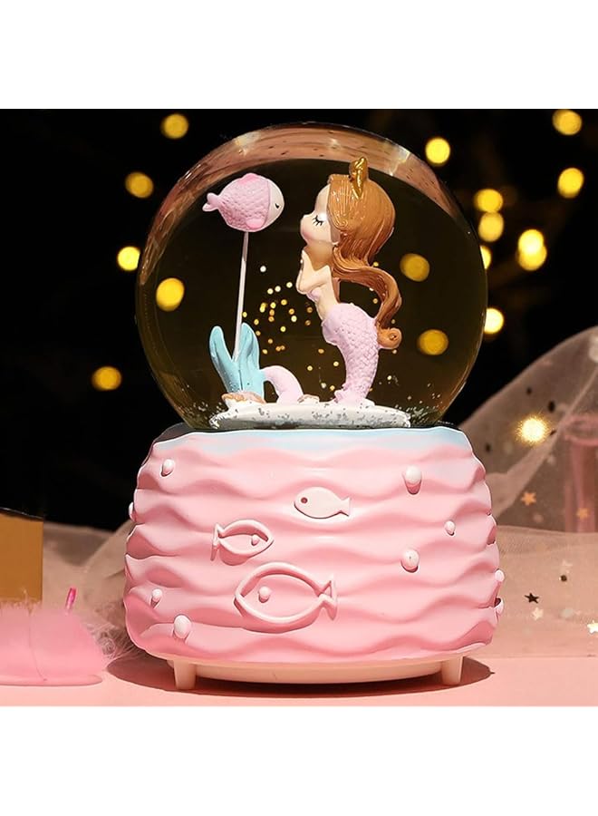 إيروريكس كرات الثلج المضيئة على شكل أميرة حورية البحر مع أضواء LED موسيقية ملونة، كرة بلورية صغيرة إبداعية لتزيين سطح الطاولة، كرات ثلجية كرتونية على شكل حورية البحر، ضوء ليلي للنساء والفتيات باللون الوردي - Image 4