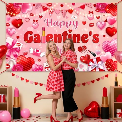 Mocsicka Happy Galentine's Day Banner Backdrop Galentines Day Decorations Backdrop Red Pink Hearts Galentine Girls Party Decor Background Galentine's Day Party Decorations 70.8 x 43.3 Inch - Image 3