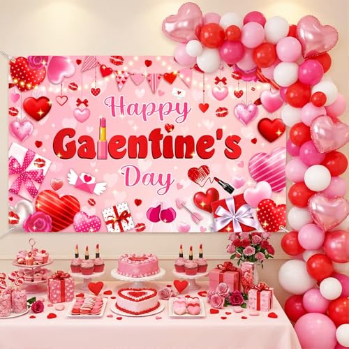 Mocsicka Happy Galentine's Day Banner Backdrop Galentines Day Decorations Backdrop Red Pink Hearts Galentine Girls Party Decor Background Galentine's Day Party Decorations 70.8 x 43.3 Inch - Image 2