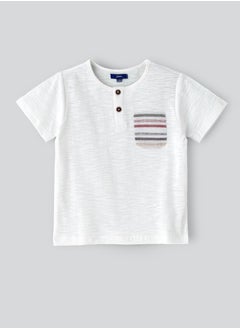 JAM Boys' White Slub Cotton Henley T-Shirt with Striped Pocket  - Image 1