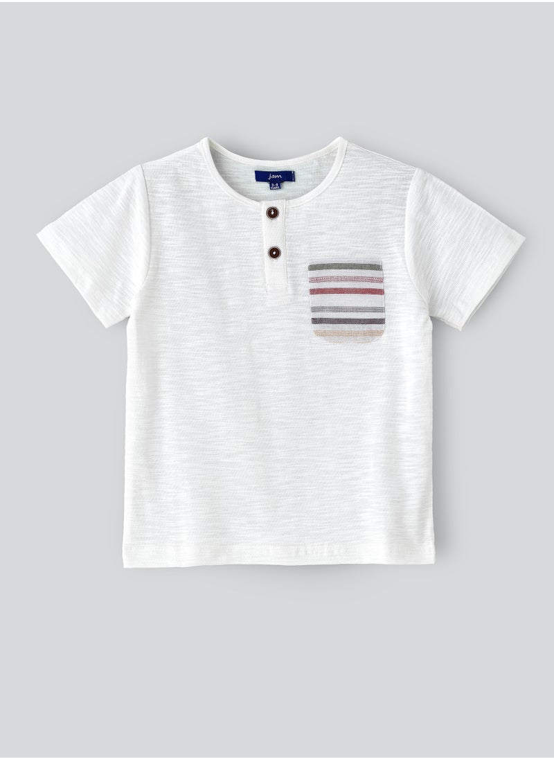 JAM Boys' White Slub Cotton Henley T-Shirt with Striped Pocket  - Image 1