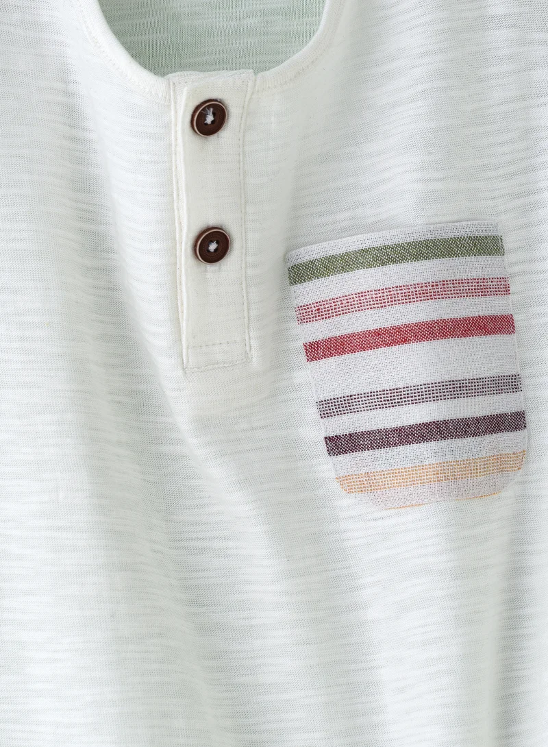 JAM Boys' White Slub Cotton Henley T-Shirt with Striped Pocket