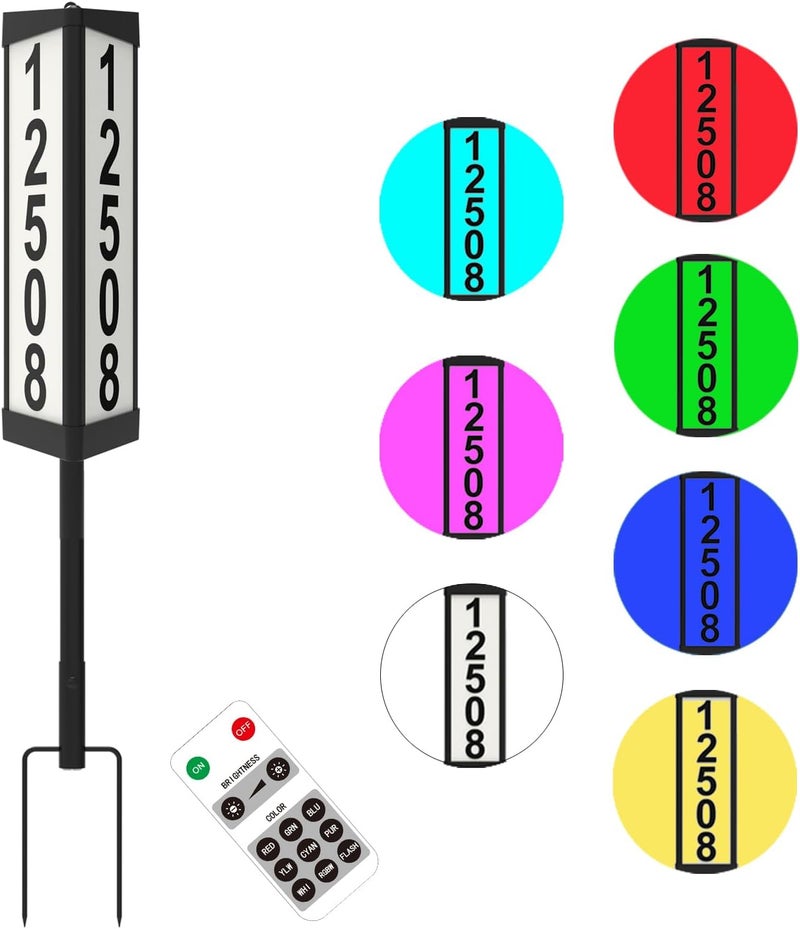 IVWVI 3 Side Solar Address Plaque, Lighted House Numbers for Outside, Waterproof RGBW Color Changing Remote Control, Led Illuminated Solar Address Sign with Stakes for Garden Street Home Yard - Image 1