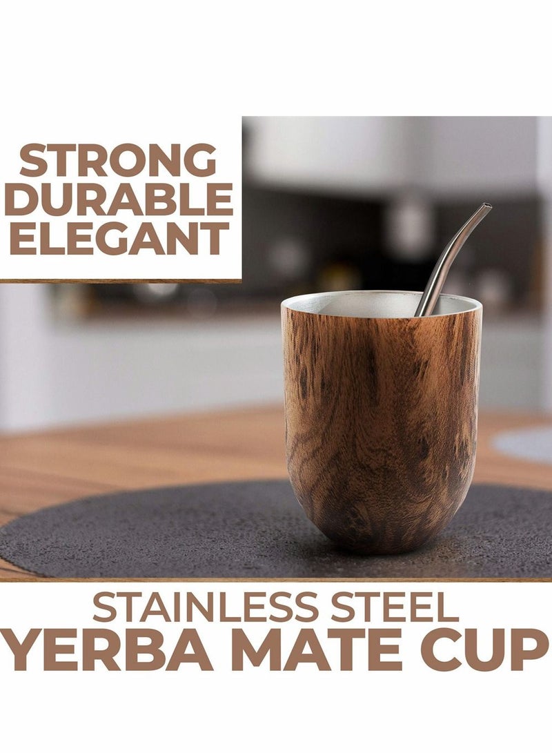 Y&D Yerba Mate Tea Cup Set, Includes Bombilla Straw, Lid and Cleaning Brush, Stainless Steel Double-Walled for Loose Leaf Drinking, Easy to Clean, Natural Brown, 12 Ounces  - Image 3